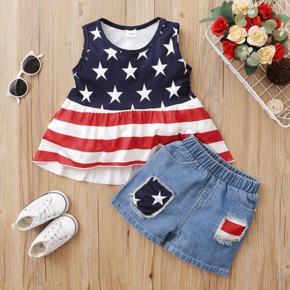 Hibobi Other - 4th of July Toddler Girl Outfit American Flag Shirt and Ripped Denim Shorts